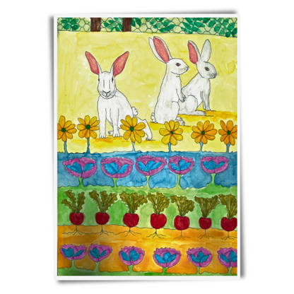 White Rabbits in Garden Postcard